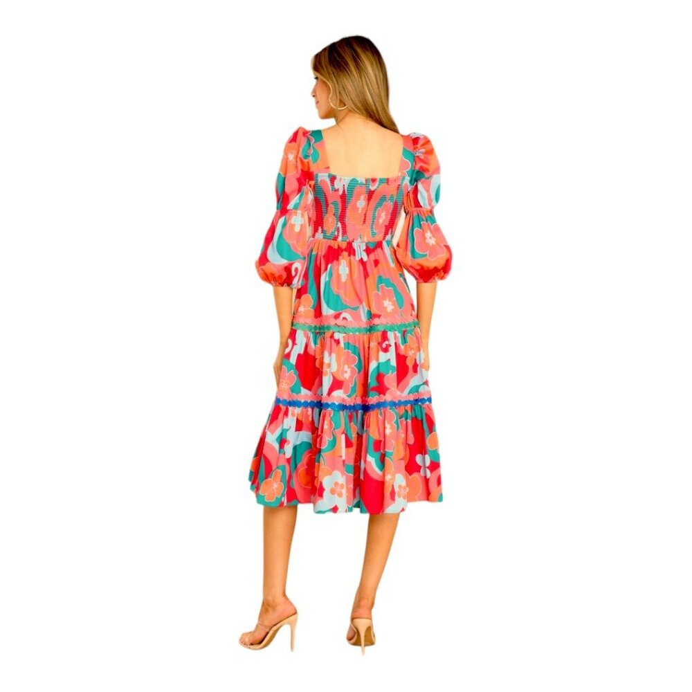Alden Adair Boho Midi Mia Trippy Dress Pockets Puff Sleeve Size Small NWT - Picture 3 of 11